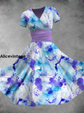 Blue Marble Tie-Dye Flowers Print V-Neck Short Sleeve Fashion Midi Dress A / S