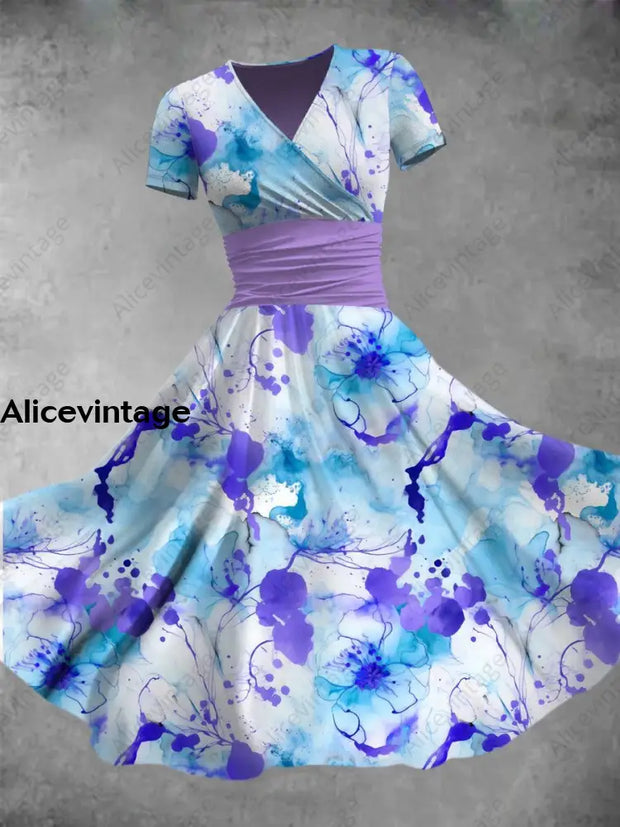 Blue Marble Tie-Dye Flowers Print V-Neck Short Sleeve Fashion Midi Dress A / S