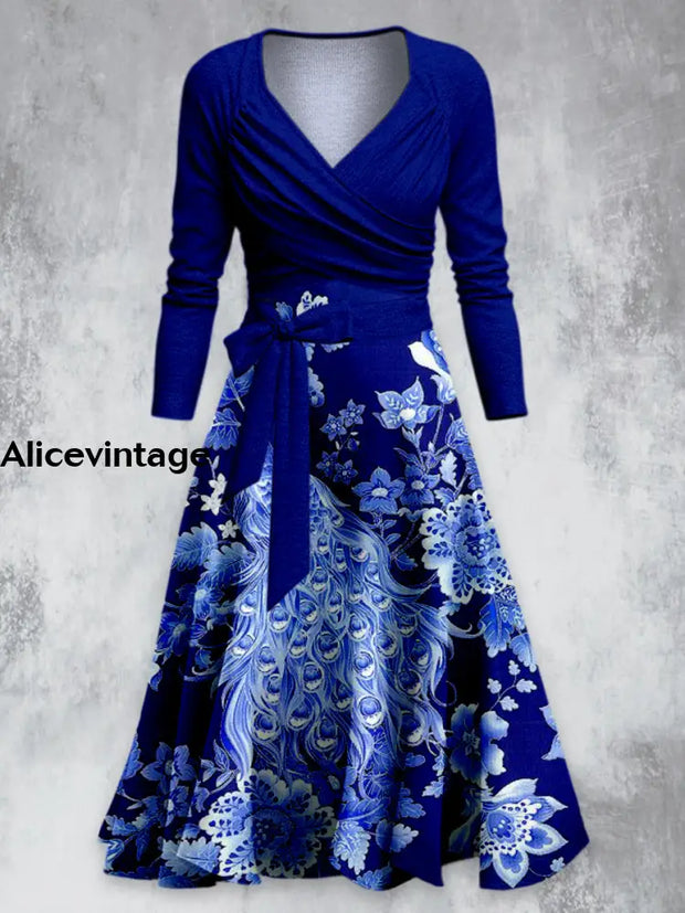 Blue Peacock Floral Art Print Vintage V-Neck Long Sleeve Two-Piece Midi Dress A / S