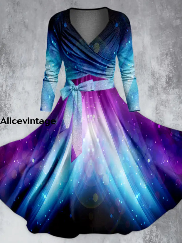 Blue Purple Light Art Printed V-Neck Long-Sleeved Belt Fashion Midi Dress A / S