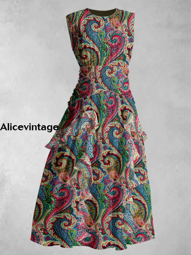 Bohemian Art Print Round Neck Elegant Chic Sleeveless Maxi Dress A / S