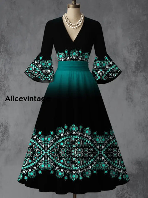 Bohemian Art Print V-Neck Flare Sleeve Vintage Elegant Dress A / S
