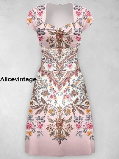 Bohemian Art Print Vintage Chic Short Sleeve Midi Dress A / S