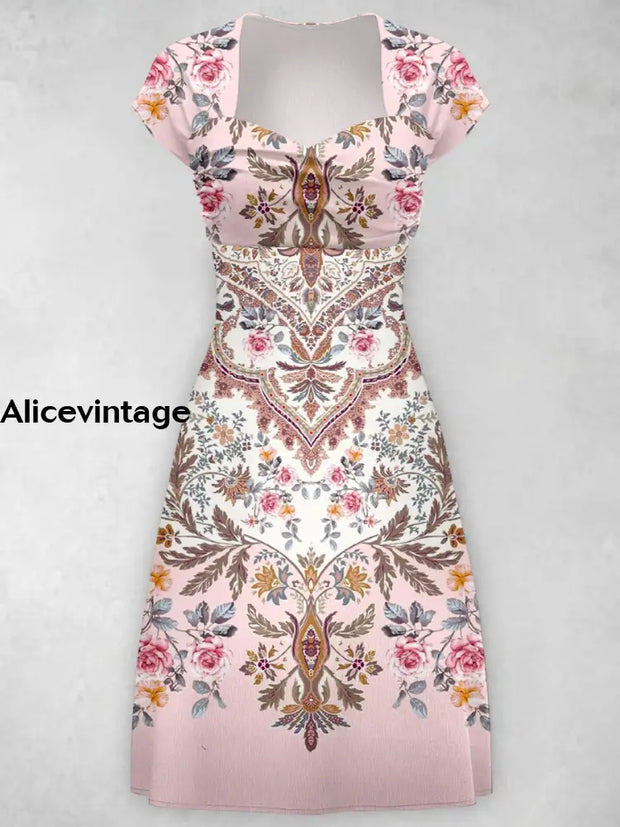 Bohemian Art Print Vintage Chic Short Sleeve Midi Dress A / S