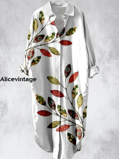 Bohemian Leaves Printed V-Neck Lapel Button Loose Vintage Midi Shirt Dress A / S