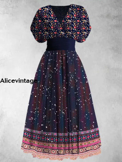 Boho Art Print Elegant V-Neck Vintage Chic Short Sleeve Maxi Dress A / S