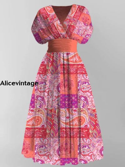 Boho Art Print Elegant V-Neck Vintage Chic Short Sleeve Maxi Dress A / S