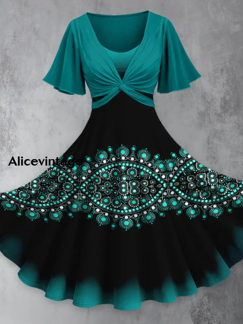 Boho Art Print Short Sleeve Vintage Two-Piece Midi Dress A / S