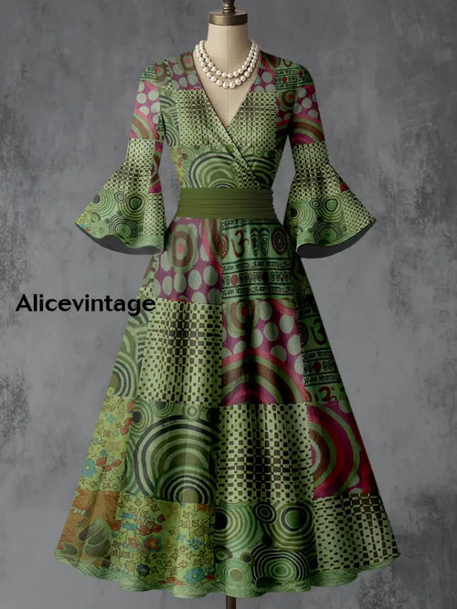 Boho Art Print V-Neck Flare Sleeve Vintage Elegant Dress A / S