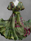 Boho Art Print V-Neck Short Sleeve Vintage Dress A / S