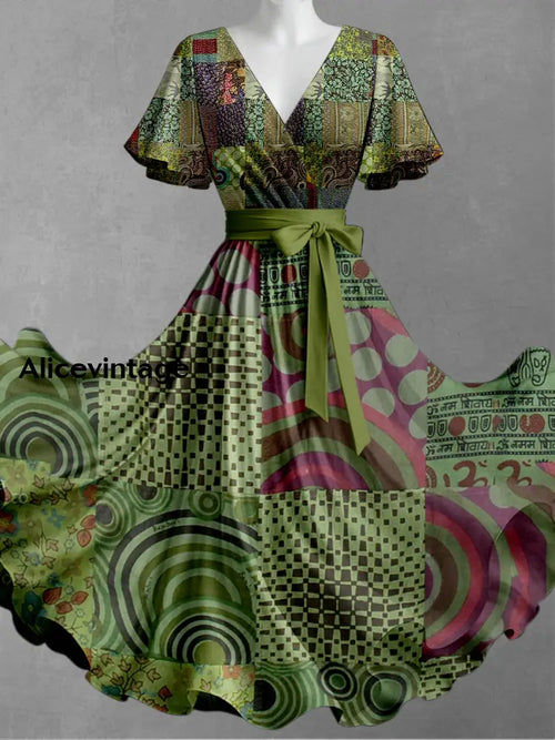 Boho Art Print V-Neck Short Sleeve Vintage Dress A / S