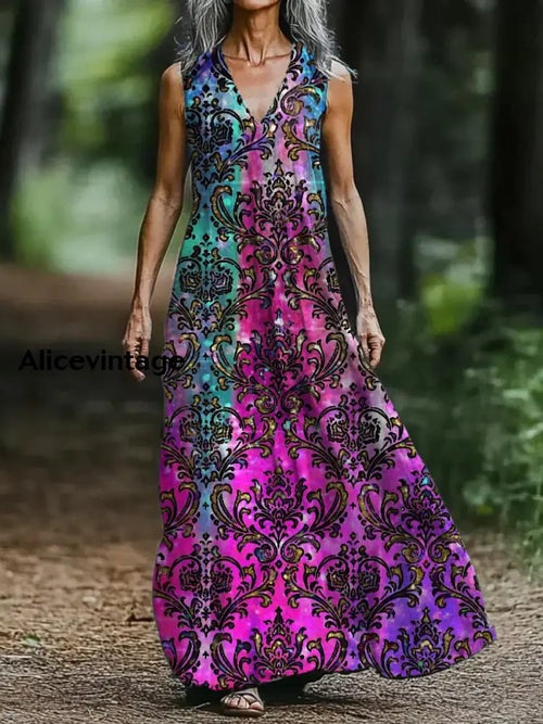 Boho Art Print V-neck Sleeveless Loose Midi Dress A / S
