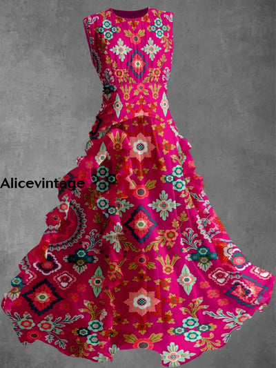 Boho Art Print Vintage Elegant Chic Sleeveless Maxi Dress A / S