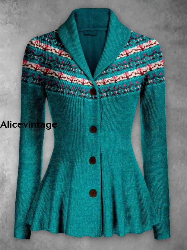 Boho Art Print Vintage Elegant Lapel V-Neck Button Up Long Sleeve Top A / S