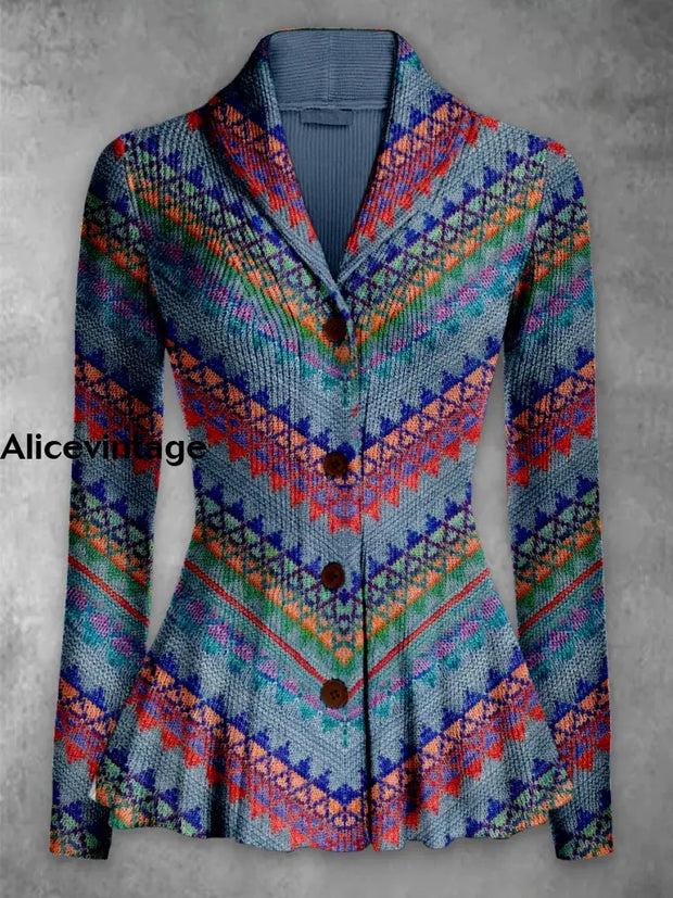 Boho Art Print Vintage Elegant Lapel V-Neck Button Up Long Sleeve Top A / S