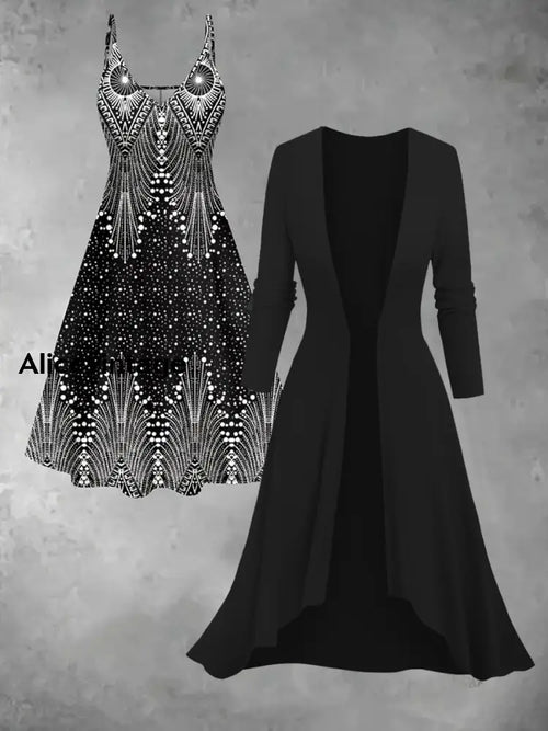 Boho Art Print Vintage Elegant Slip Dress Two Piece Sets A / S