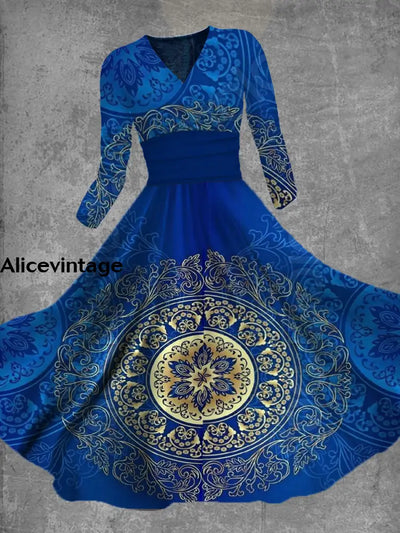 Boho Art Print Vintage Elegant V-Neck Long Sleeve Midi Dress A / S