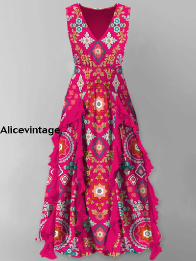 Boho Art Print Vintage V-Neck Elegant Chic Sleeveless Maxi Dress A / S