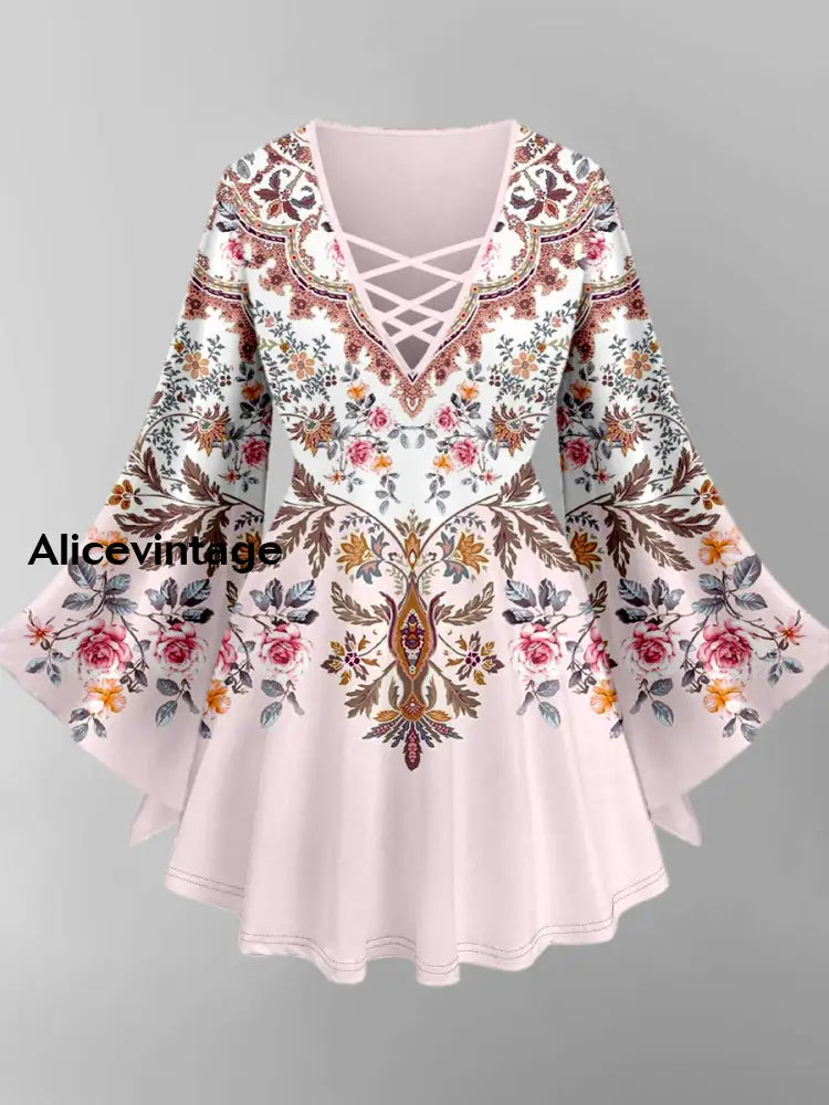 Boho Floral Art Print V-Neck Long Sleeve Top A / XS