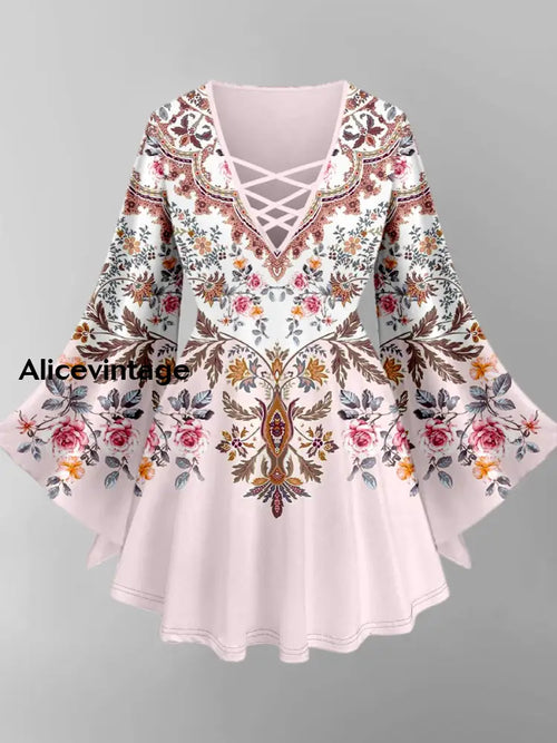 Boho Floral Art Print V-Neck Long Sleeve Top A / XS