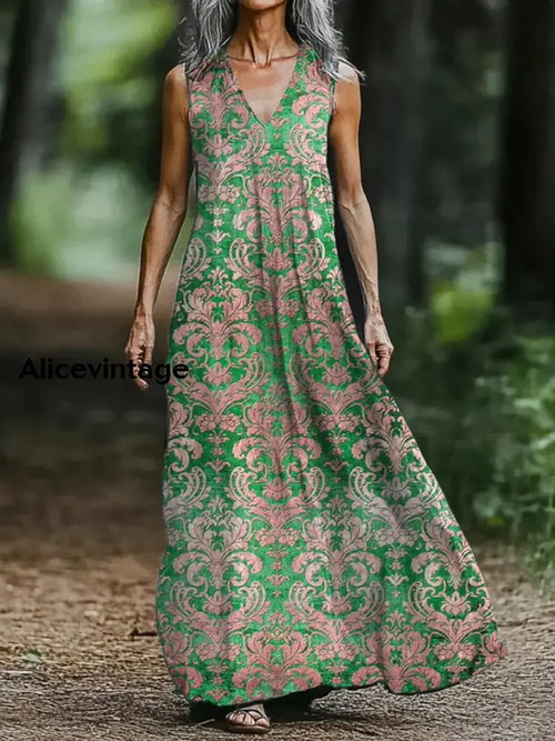 Boho Floral Art Print V-neck Sleeveless Loose Midi Dress A / S