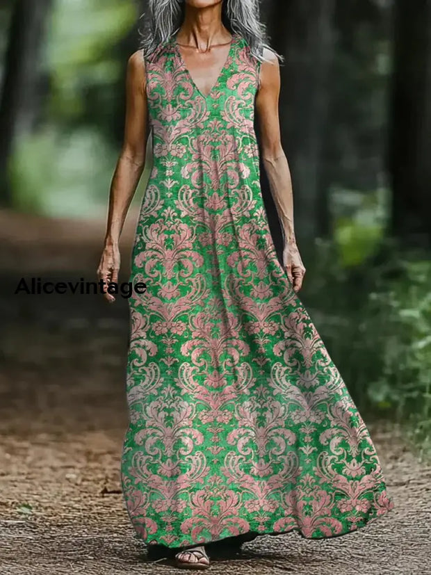 Boho Floral Art Print V-neck Sleeveless Loose Midi Dress A / S