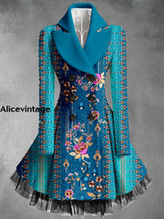 Boho Floral Art Print Vintage Elegant Lapel V-Neck Button Up Long Sleeve Coat Dress