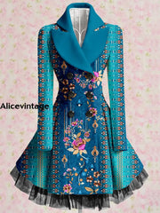 Boho Floral Art Print Vintage Elegant Lapel V-Neck Button Up Long Sleeve Coat Dress