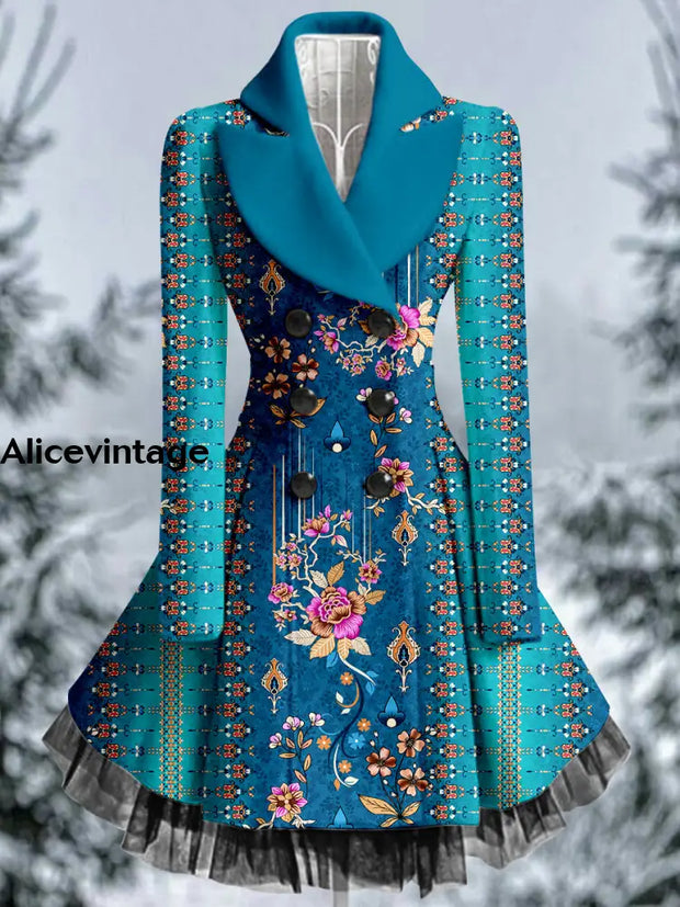 Boho Floral Art Print Vintage Elegant Lapel V-Neck Button Up Long Sleeve Coat Dress A / S