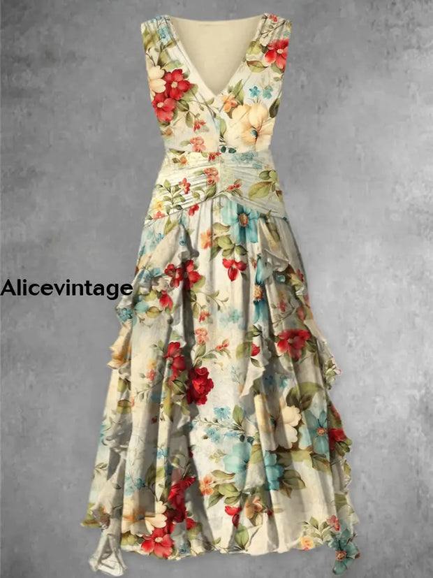 Boho Floral Art Print Vintage V-Neck Sleeveless Maxi Dress A / S