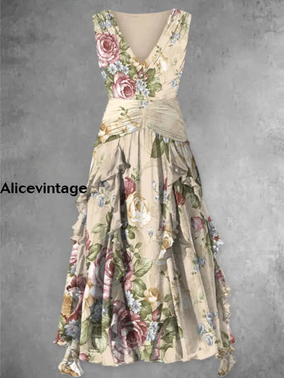 Boho Floral Art Print Vintage V-Neck Sleeveless Maxi Dress A / S