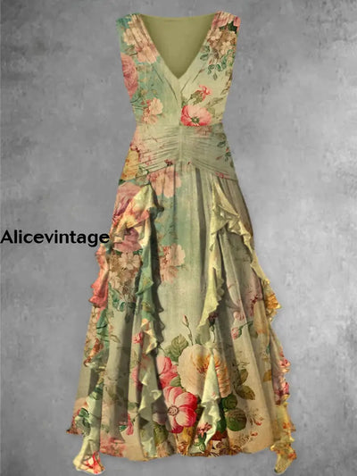 Boho Floral Art Print Vintage V-Neck Sleeveless Maxi Dress A / S