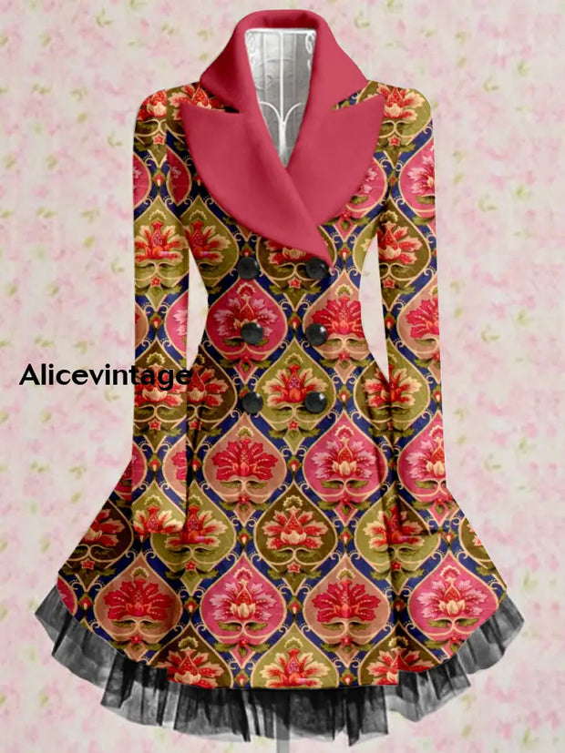 Boho Floral Art Printed Elegant Lapel V-Neck Button Up Thick Long-Sleeved Mesh Gauze Midi Dress