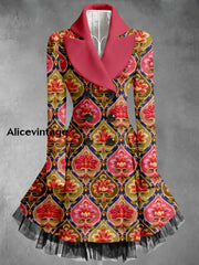 Boho Floral Art Printed Elegant Lapel V-Neck Button Up Thick Long-Sleeved Mesh Gauze Midi Dress