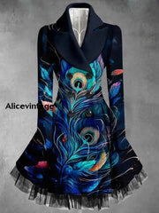 Boho Floral Art Printed Elegant Lapel V-Neck Button Up Thick Long-Sleeved Mesh Gauze Midi Dress