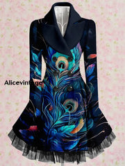 Boho Floral Art Printed Elegant Lapel V-Neck Button Up Thick Long-Sleeved Mesh Gauze Midi Dress