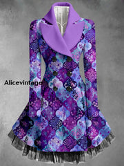 Boho Floral Art Printed Elegant Lapel V-Neck Button Up Thick Long-Sleeved Mesh Gauze Midi Dress