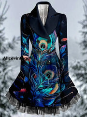 Boho Floral Art Printed Elegant Lapel V-Neck Button Up Thick Long-Sleeved Mesh Gauze Midi Dress A /