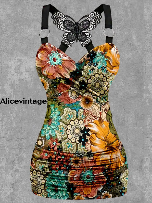 Boho Floral Print Tank Top Yoga Pants Vintage Two-Piece Sets