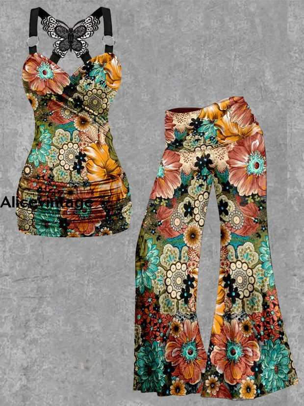 Boho Floral Print Tank Top Yoga Pants Vintage Two-Piece Sets A / S