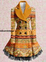 Boho Floral Print Vintage Elegant Lapel V-Neck Button Up Long Sleeve Coat Dress