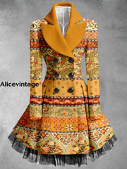 Boho Floral Print Vintage Elegant Lapel V-Neck Button Up Long Sleeve Coat Dress