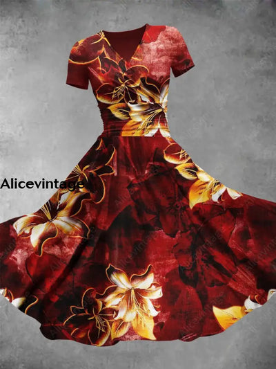 Burgundy Red Art Flowers Print V-Neck Short Sleeve Retro Midi Dress A / Xs