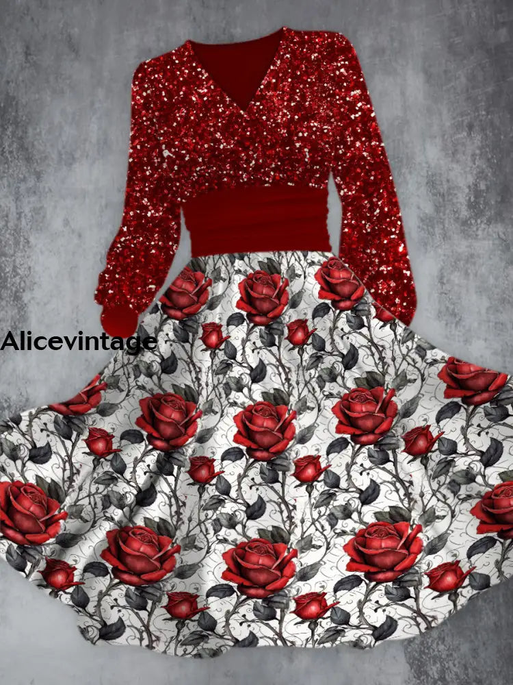 Burgundy Red Rose Sequin Print V-Neck Long Sleeve Fashion Midi Dress A / S