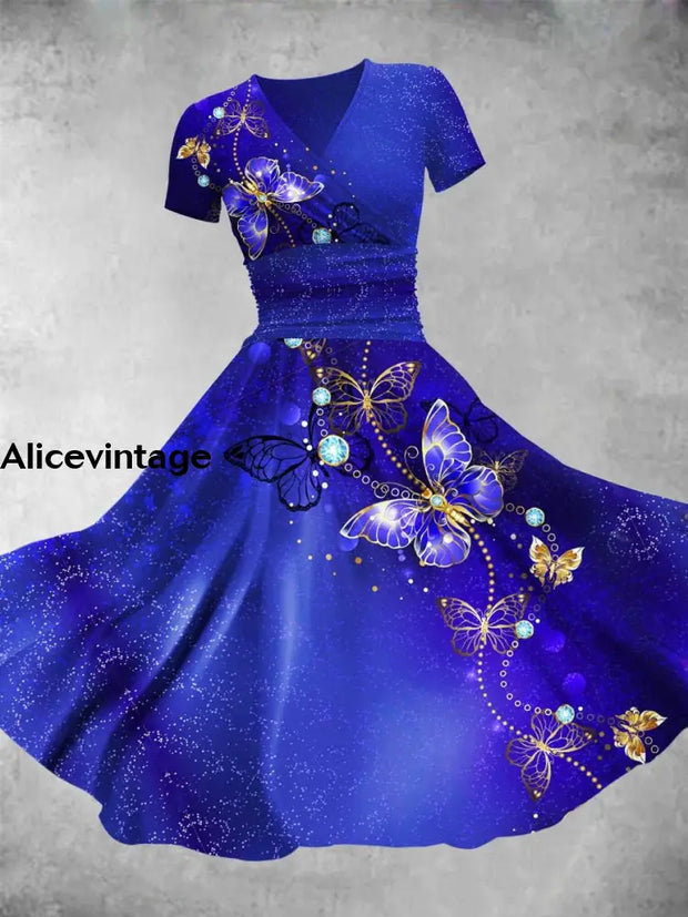 Butterfly Art Print Retro V-Neck Short-Sleeve Midi Dress