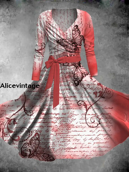 Butterfly Art Print V-Neck Long Sleeve Two-Piece Vintage Midi Dress A / S