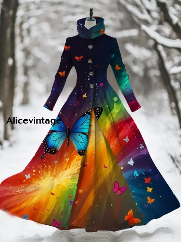 Butterfly Art Print Vintage Elegant Long Sleeve Fake Two Piece Maxi Dress A / S