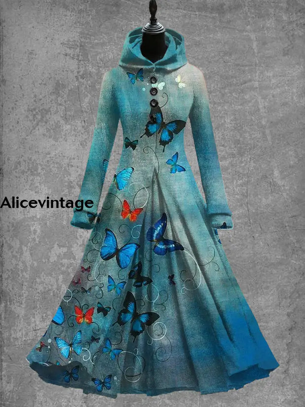 Butterfly Art Print Vintage Elegant Long Sleeve Maxi Dress