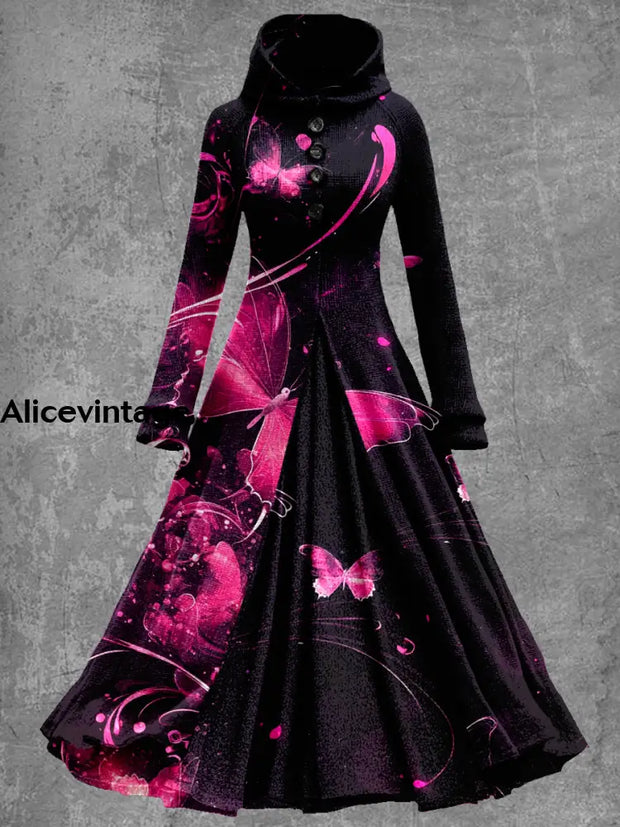 Butterfly Art Print Vintage Elegant Long Sleeve Maxi Dress