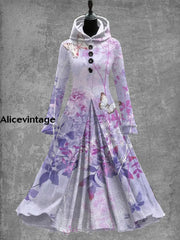 Butterfly Art Print Vintage Elegant Long Sleeve Maxi Dress